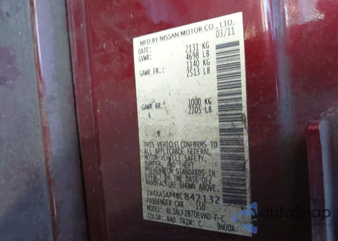 2011 Nissan Maxima 3.5 Sv из США, поврежденный, VIN 1N4AA5AP4BC842132